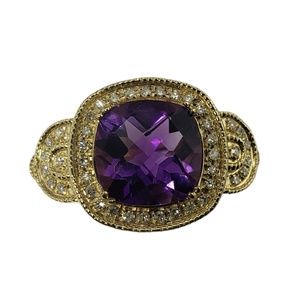Vintage 14 Karat Yellow Gold Amethyst and Diamond Ring Size 7.75 #13217
